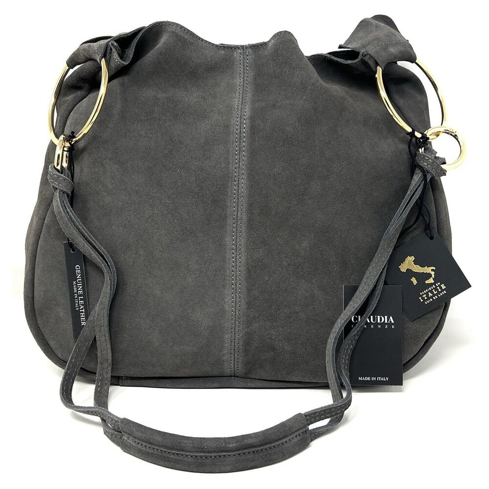 Claudia Firenze Suede Crossbody Shoulder Bag Hobo GOLD RINGS Purse Grey Viral